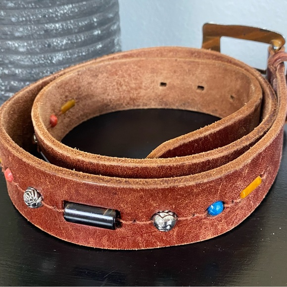 Fossil Womens Leather Inlay Beading Vintage Belt Large Siver Accent Hardware - Picture 2 of 8